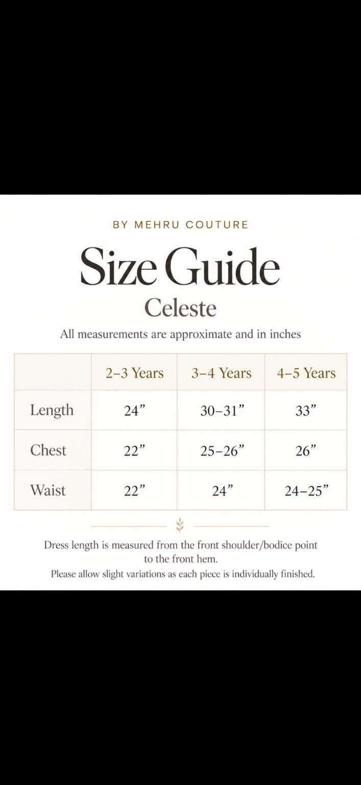 Celeste size guide, approximate inches. Ages 2–3: length 24, chest 22, waist 22. Ages 3–4: length 30–31, chest 25–26, waist 24. Ages 4–5: length 33, chest 26, waist 24–25.