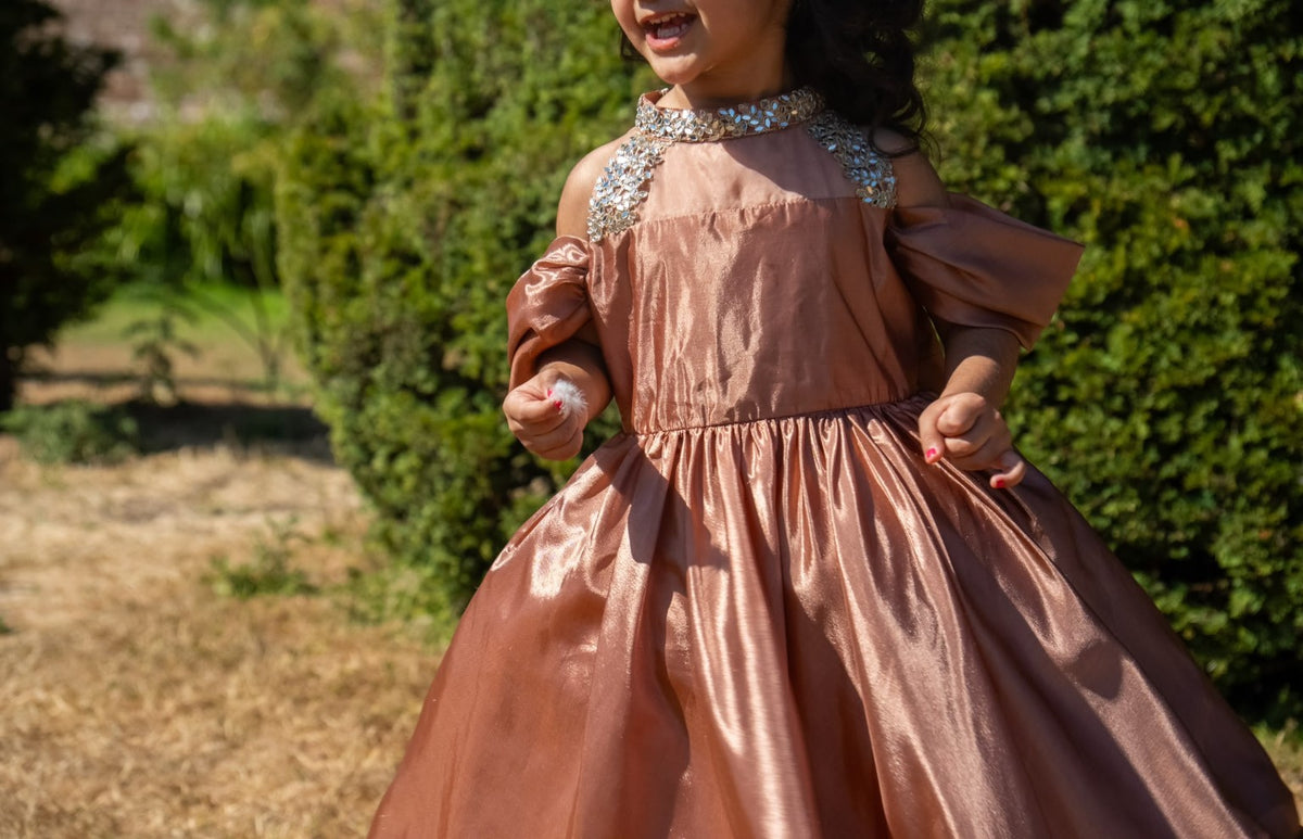 Rosalie rose-gold gown showing the embellished bodice and draped arm details