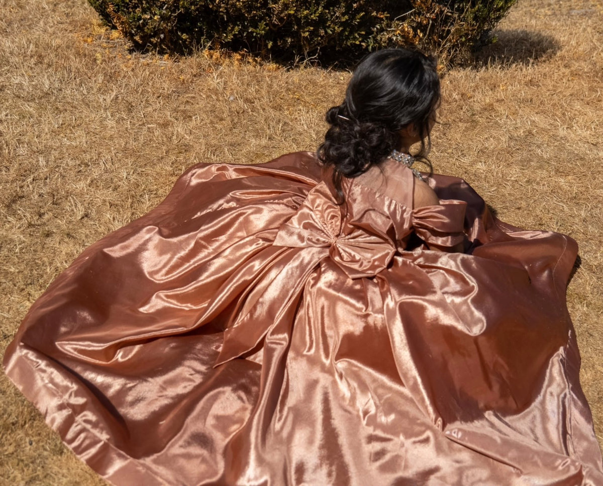 Rosalie gown from above, showing the back bow and full rose-gold skirt