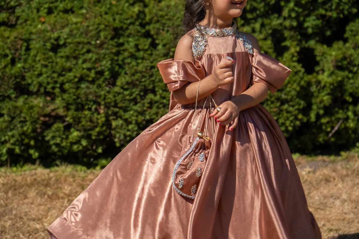 Rosalie gown showing the embellished neckline and draped sleeves; styling pouch not included