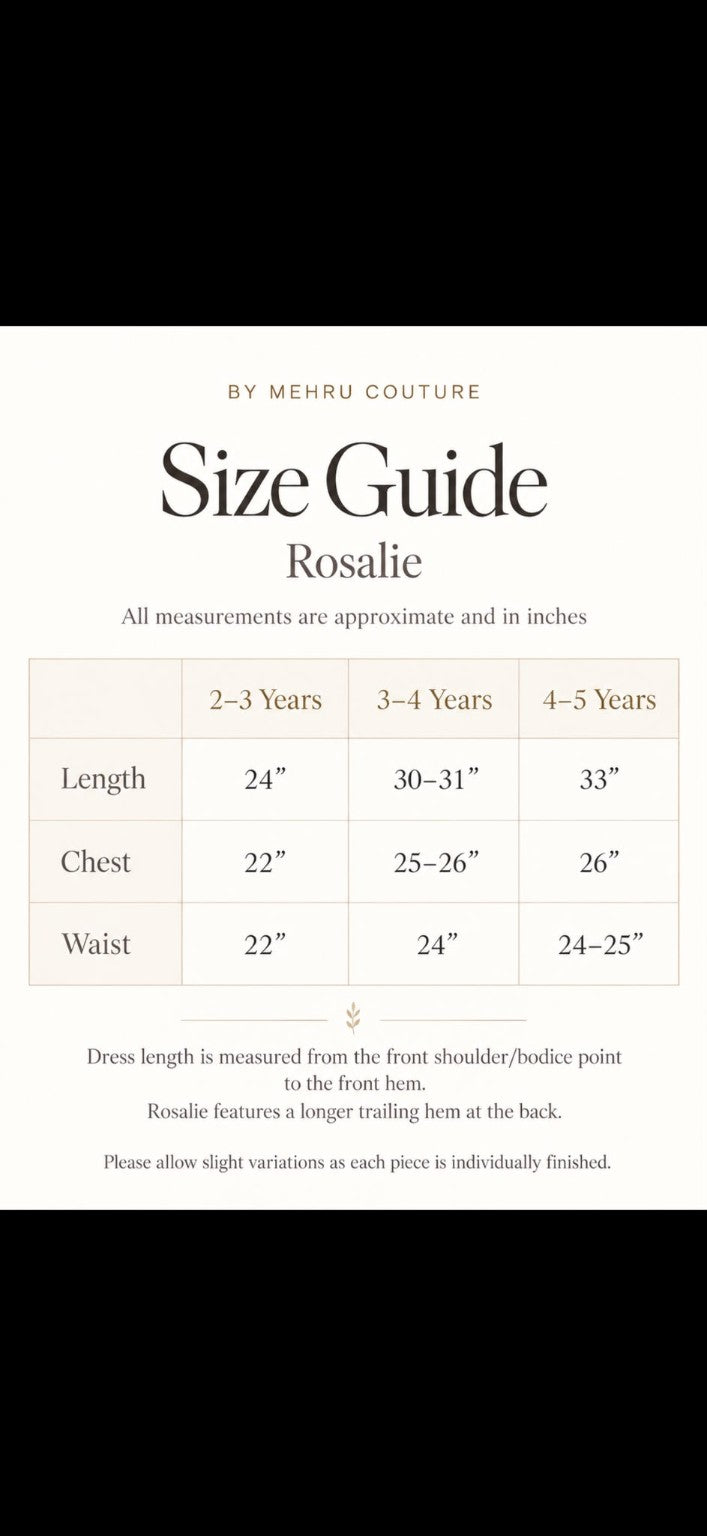Rosalie size guide, approximate inches. Ages 2–3: length 24, chest 22, waist 22. Ages 3–4: length 30–31, chest 25–26, waist 24. Ages 4–5: length 33, chest 26, waist 24–25.